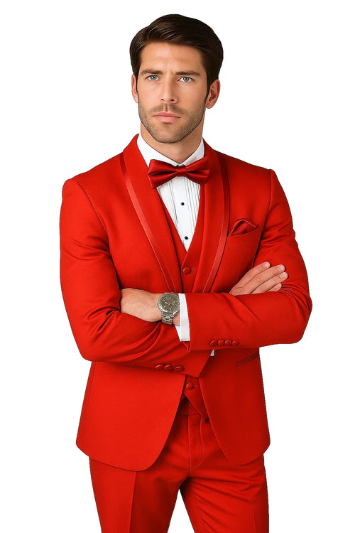 Caesar Red 1-Button Shawl Four Piece Set Tuxedo