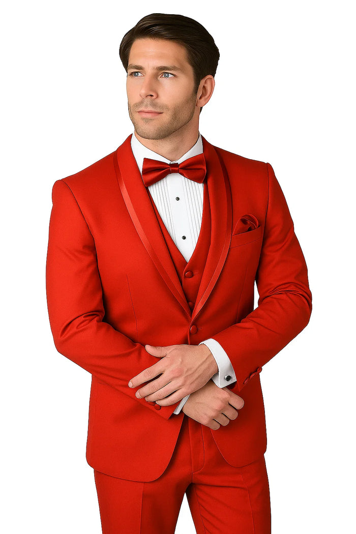 Caesar Red 1-Button Shawl Four Piece Set Tuxedo