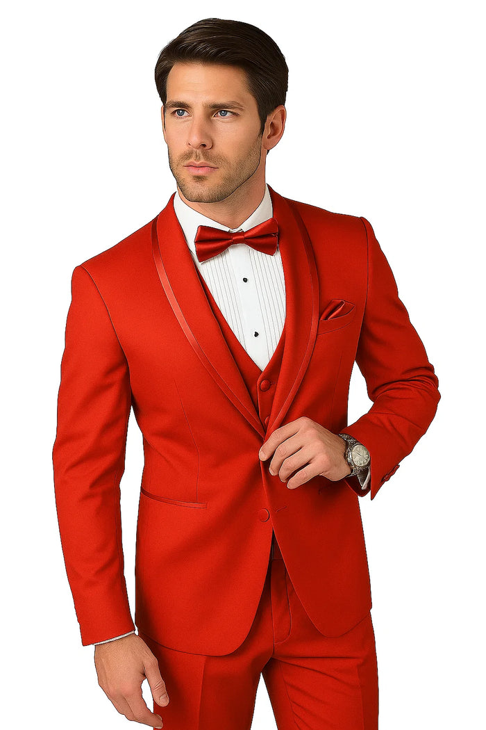 Caesar Red 1-Button Shawl Four Piece Set Tuxedo