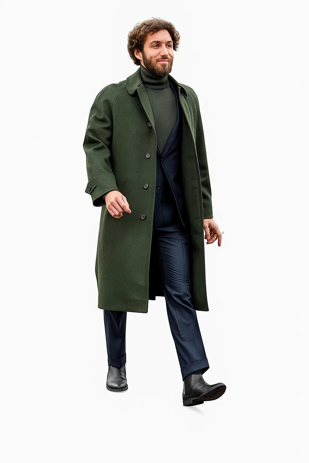Men’s Olive Green Wool Overcoat Outfit – Winter Business Casual Style - Coat Size 28