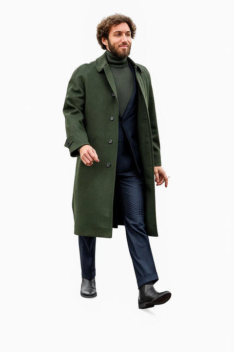 Men’s Olive Green Wool Overcoat Outfit – Winter Business Casual Style