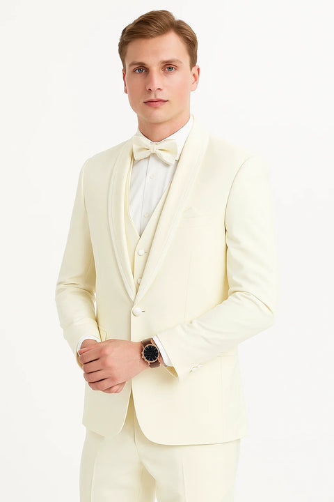 "Mens One Button Satin Trim Shawl Tuxedo Suit in Ivory Wool"
