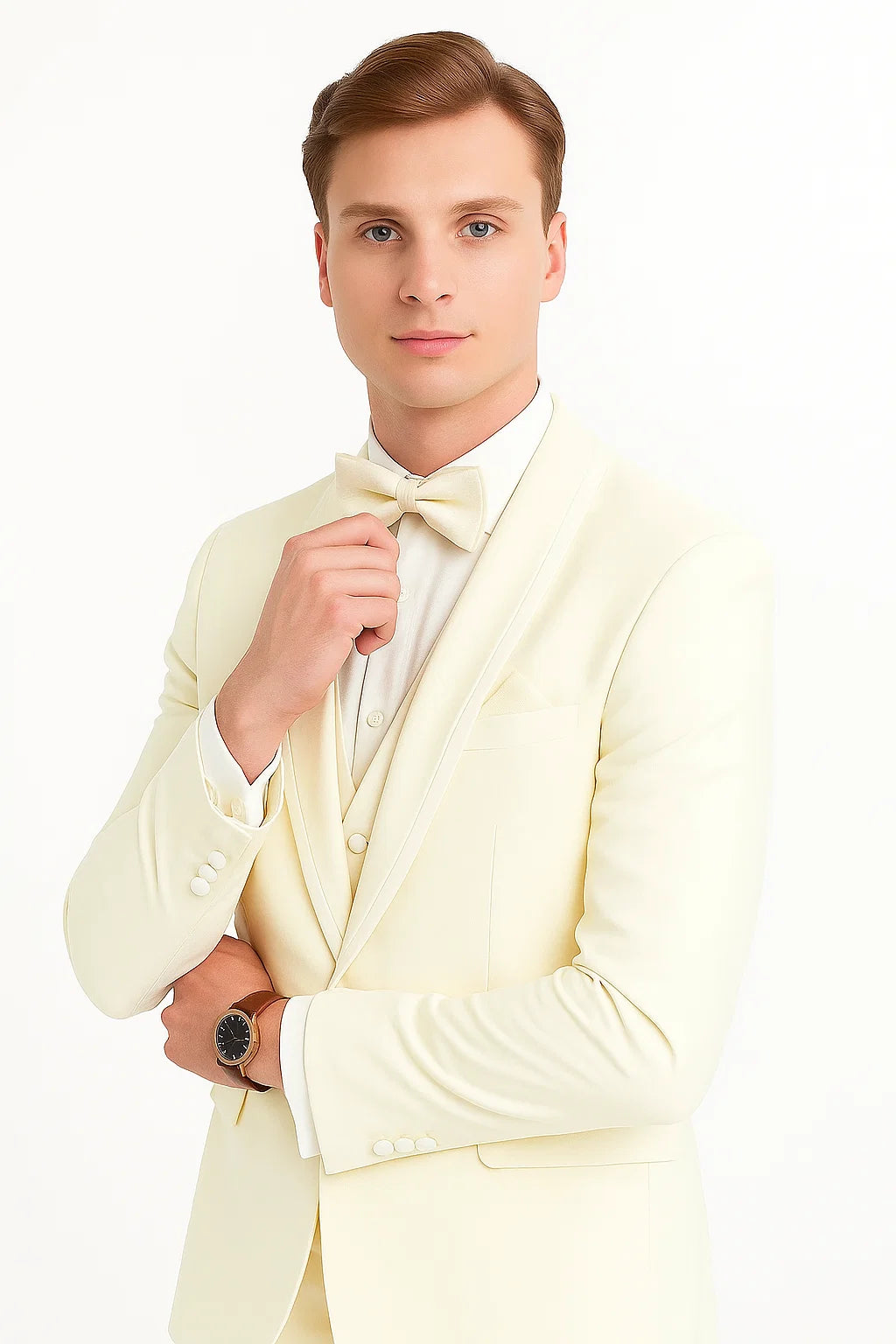 "Mens One Button Satin Trim Shawl Tuxedo Suit in Ivory Wool" - 34 Short