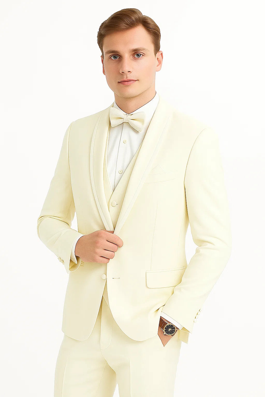 "Mens One Button Satin Trim Shawl Tuxedo Suit in Ivory Wool" - 34 Short