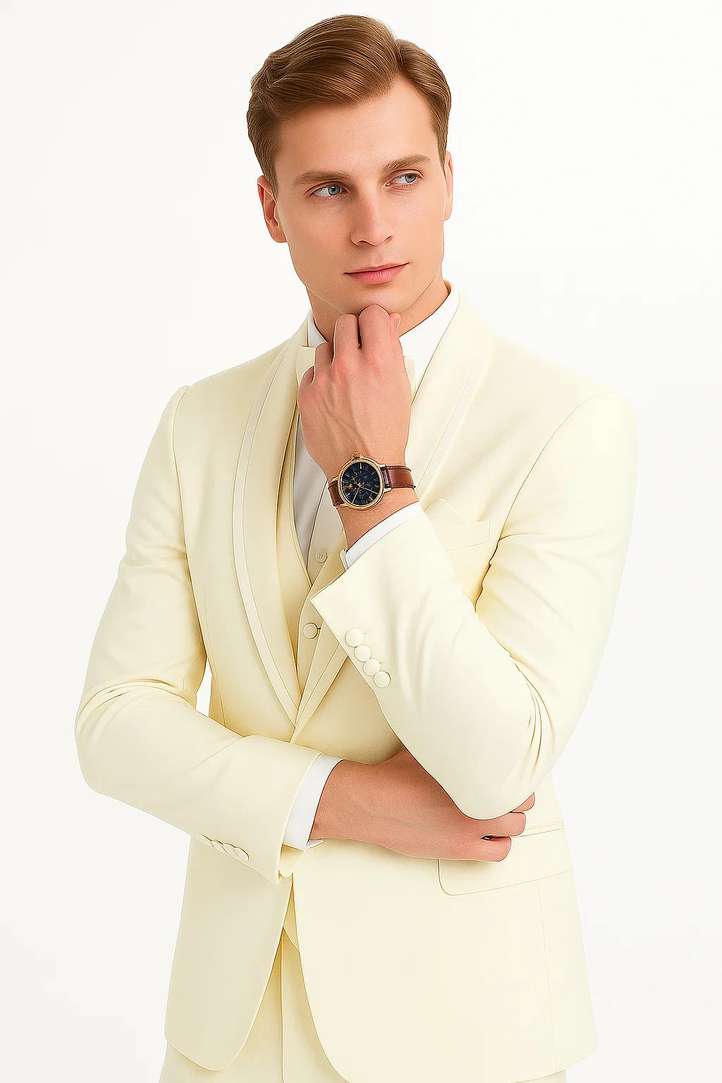 "Mens One Button Satin Trim Shawl Tuxedo Suit in Ivory Wool" - 34 Short