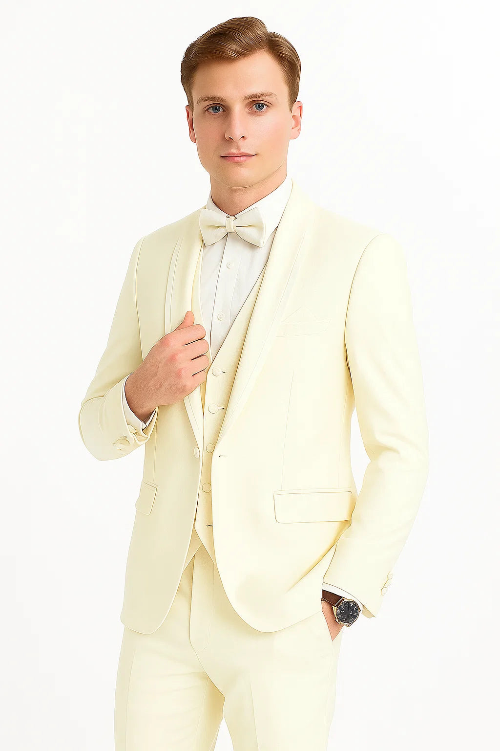 "Mens One Button Satin Trim Shawl Tuxedo Suit in Ivory Wool" - 34 Short