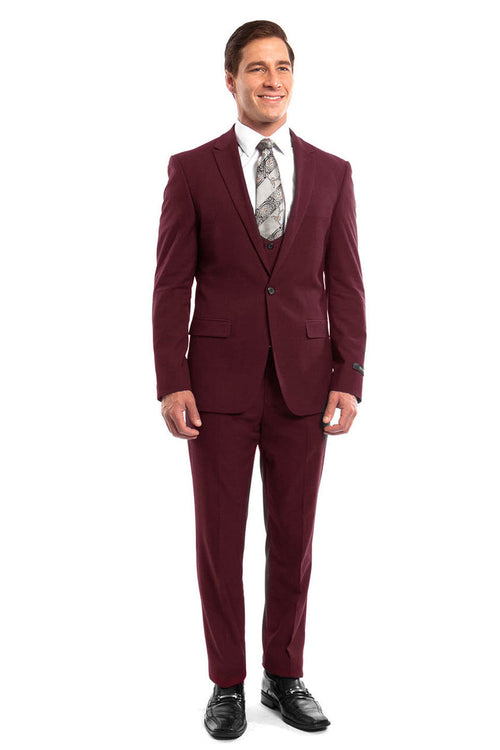 "Burgundy Men's Wedding & Prom 2026 Suit - One Button, Peak Lapel, Skinny Fit with Lowcut Vest"
