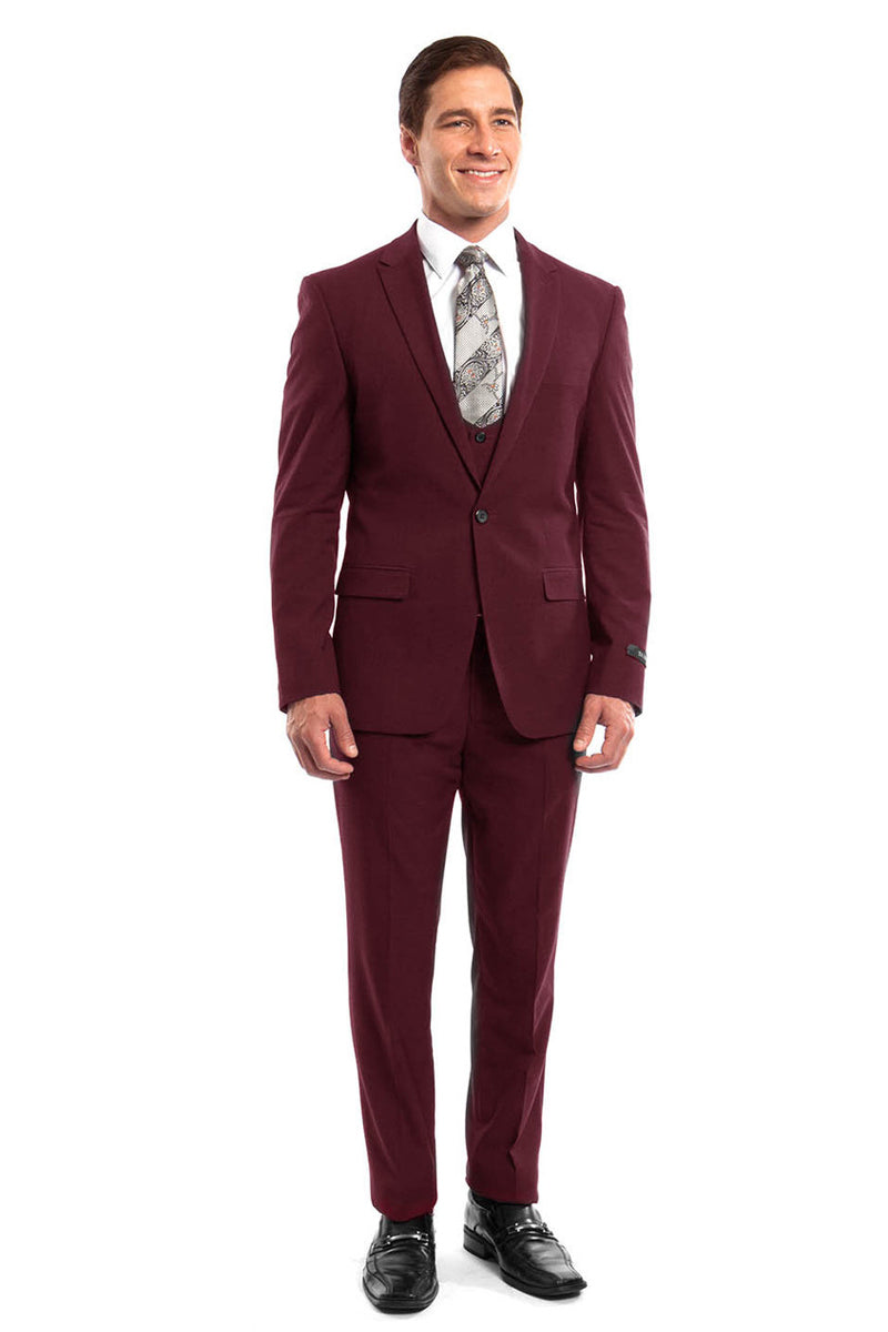 "Burgundy Men's Wedding & Prom Suit - One Button, Peak Lapel, Skinny Fit with Lowcut Vest"