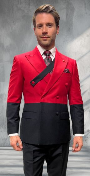 Statement Men's 2 Piece 100% Wool Modern Fit Double Breasted Suit - Two Tone Jacket - 38 Regular