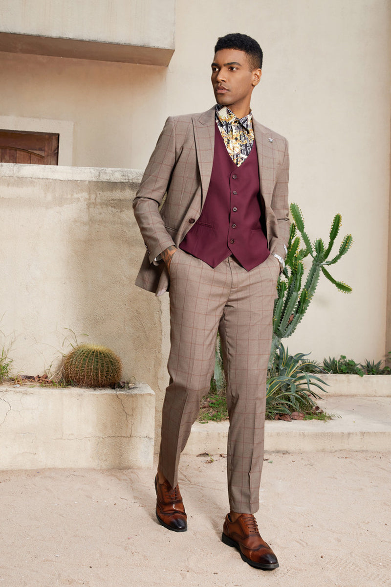 "Mens Stacy Adams Suit - Stacy Adams Men's Windowpane Plaid Suit with Reversible Vest - Light Brown" - 52 Regular