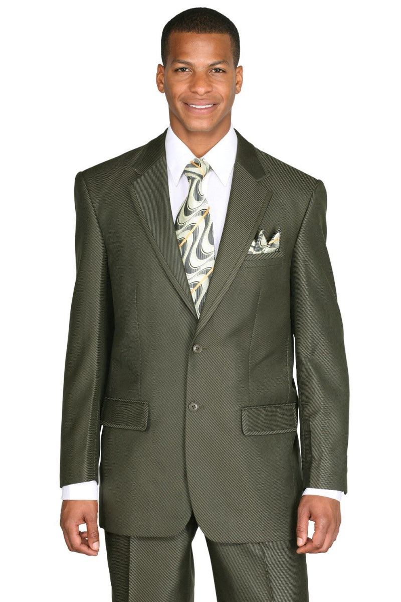 "Olive Green Sharkskin Suit for Men - 2 Button Diagonal Design" - 38 Long
