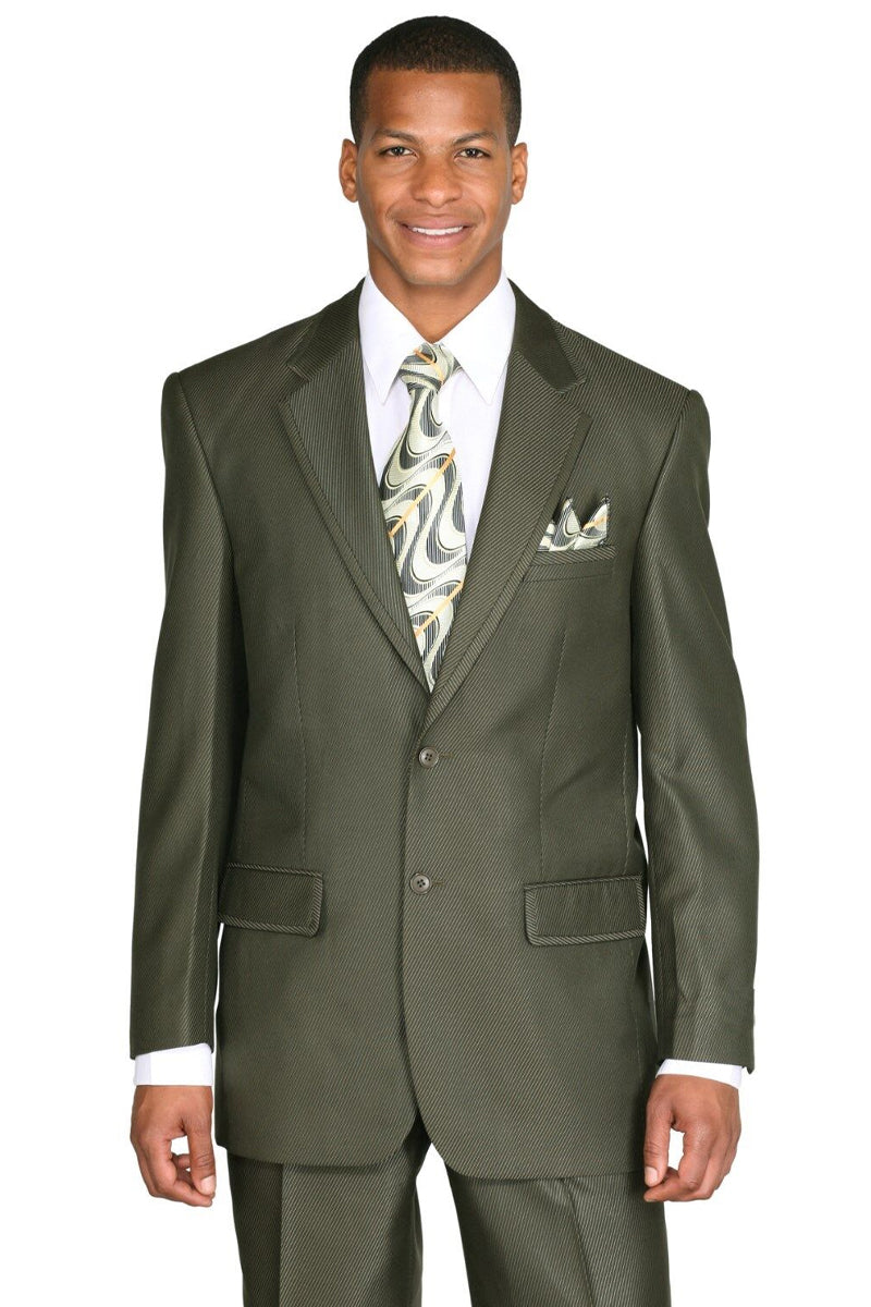 "Olive Green Sharkskin Suit for Men - 2 Button Diagonal Design"