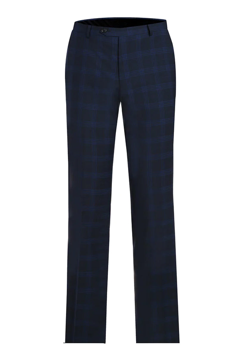 "Dark Navy Windowpane Plaid Slim Fit Two-Button Men's Suit" - 40 Long