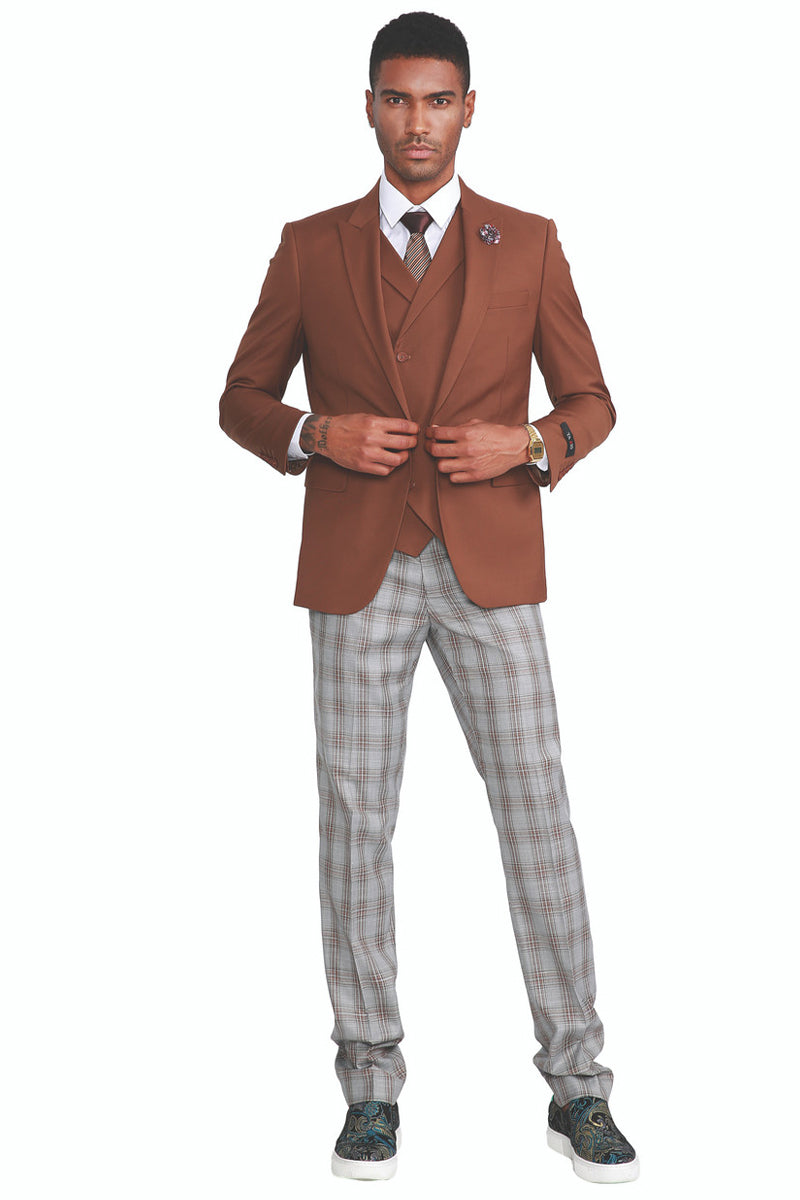"Men's Peak Lapel Suit - One Button Vested, Dark Camel & Grey Plaid"