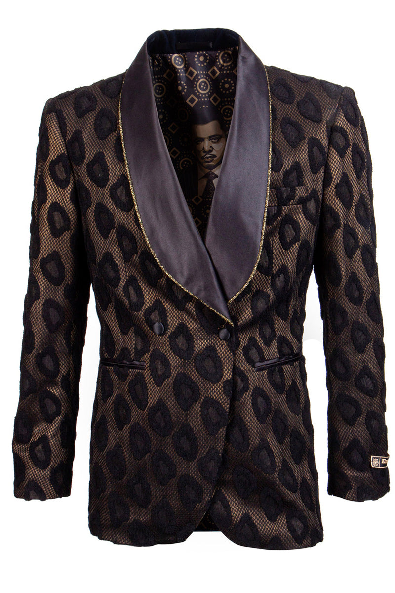 "Cheetah Print Men's Double Breasted Tuxedo Smoking Jacket - Black & Gold"