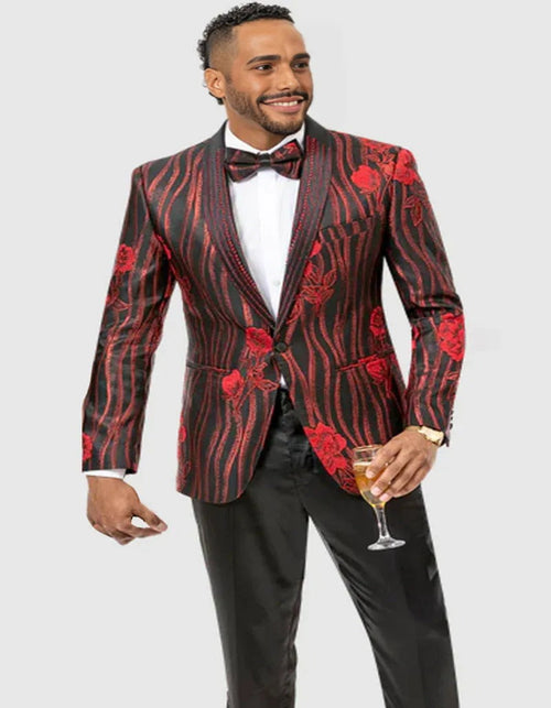 "FLORAL & WAVE PATTERN MEN'S PROM  2026 TUXEDO - MODERN BLACK & RED DESIGN"