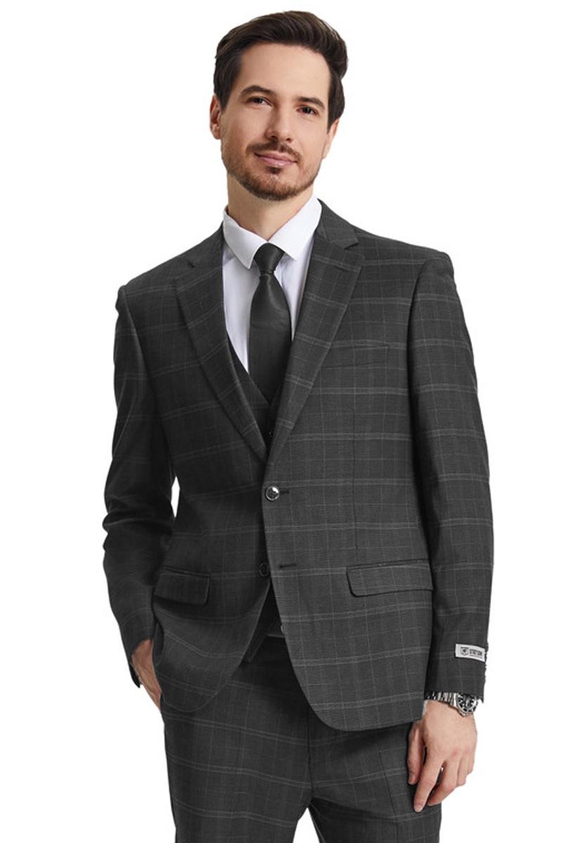 Men's Stacy Adams Vested Modern Fit Windowpane Plaid Suit in Olive Green - 38 Regular