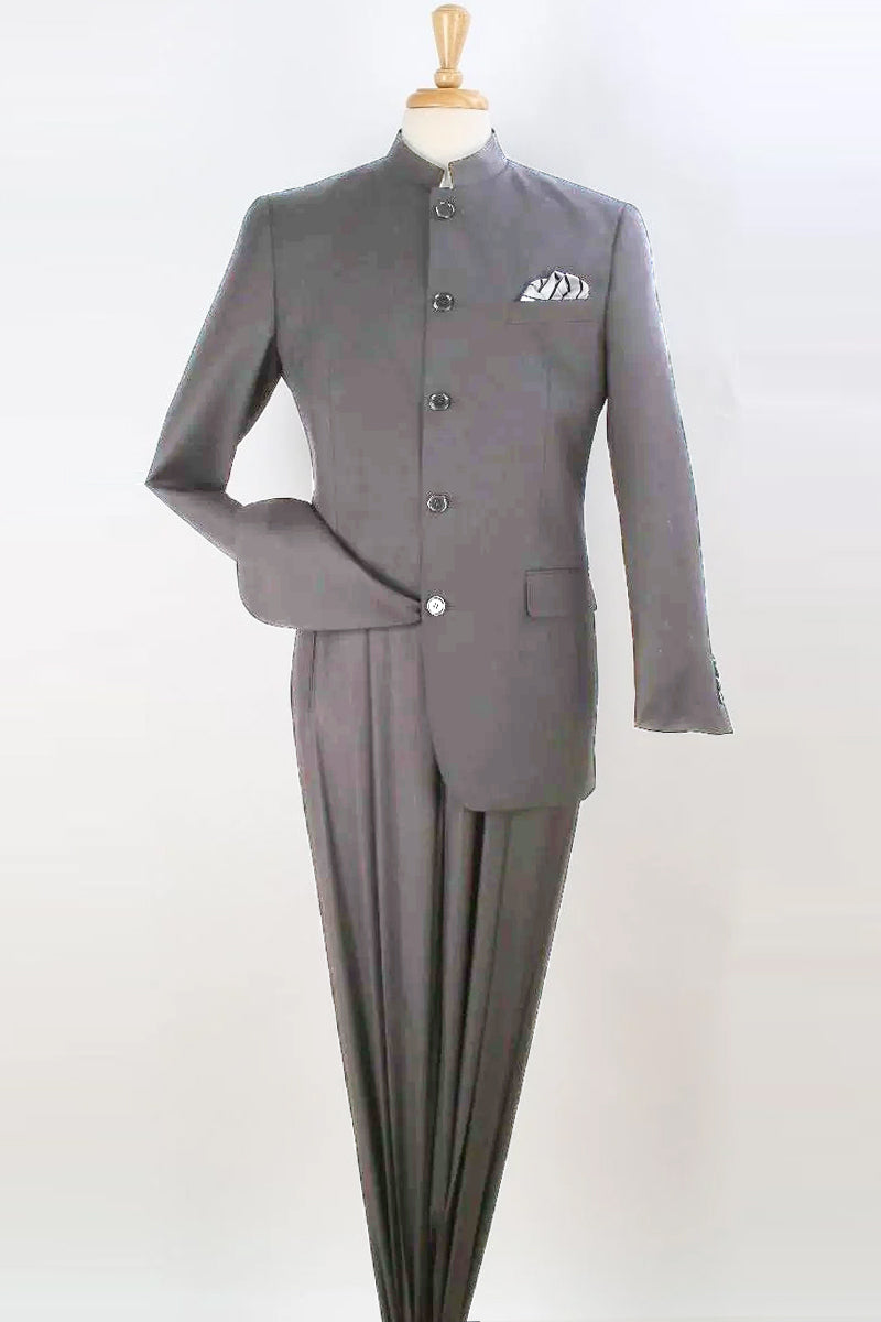 "Light Grey Men's Fashion Suit with Five-Button Mandarin Collar"