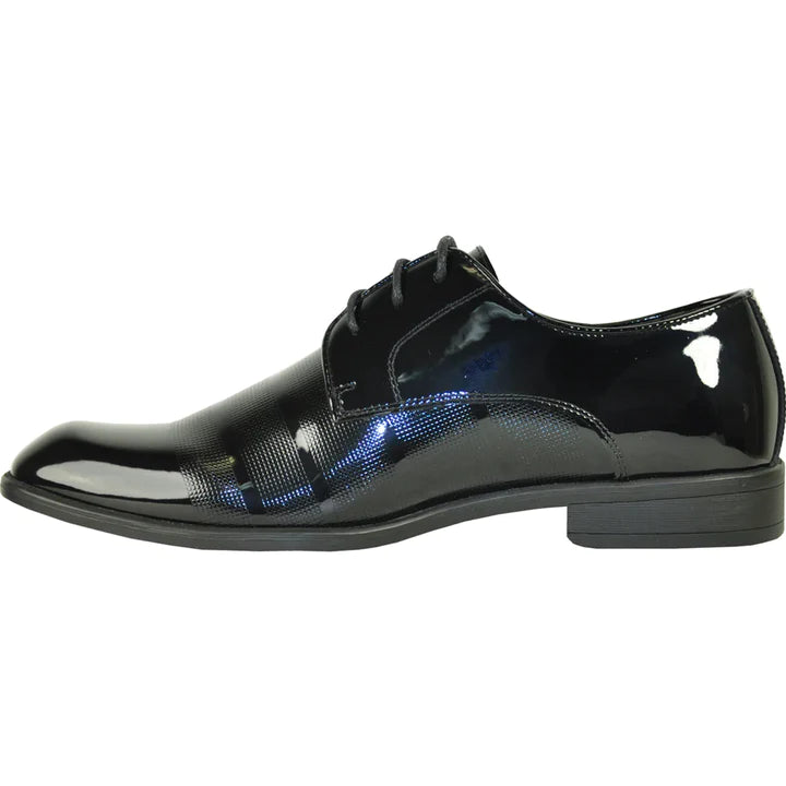 MENS CLASSIC PATENT TEXTURED TUXEDO OXFORD LACE UP DRESS SHOE IN BLACK