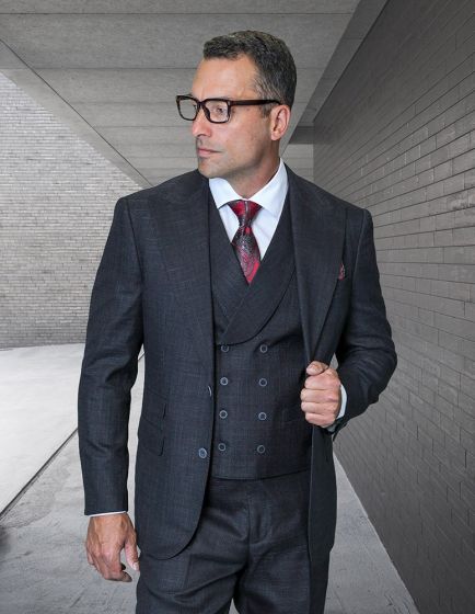 Statement Men's 3 Piece 100% Wool Modern Fit Suit - Peak Lapel - 38 Regular