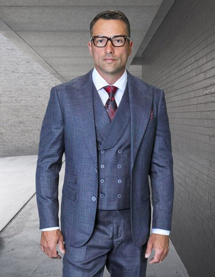 Statement Men's 3 Piece 100% Wool Modern Fit Suit - Peak Lapel - 38 Regular