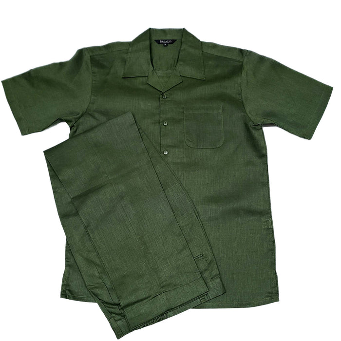 Mens Hunter Green Linen Shirt and Pants Casual Outfit Set