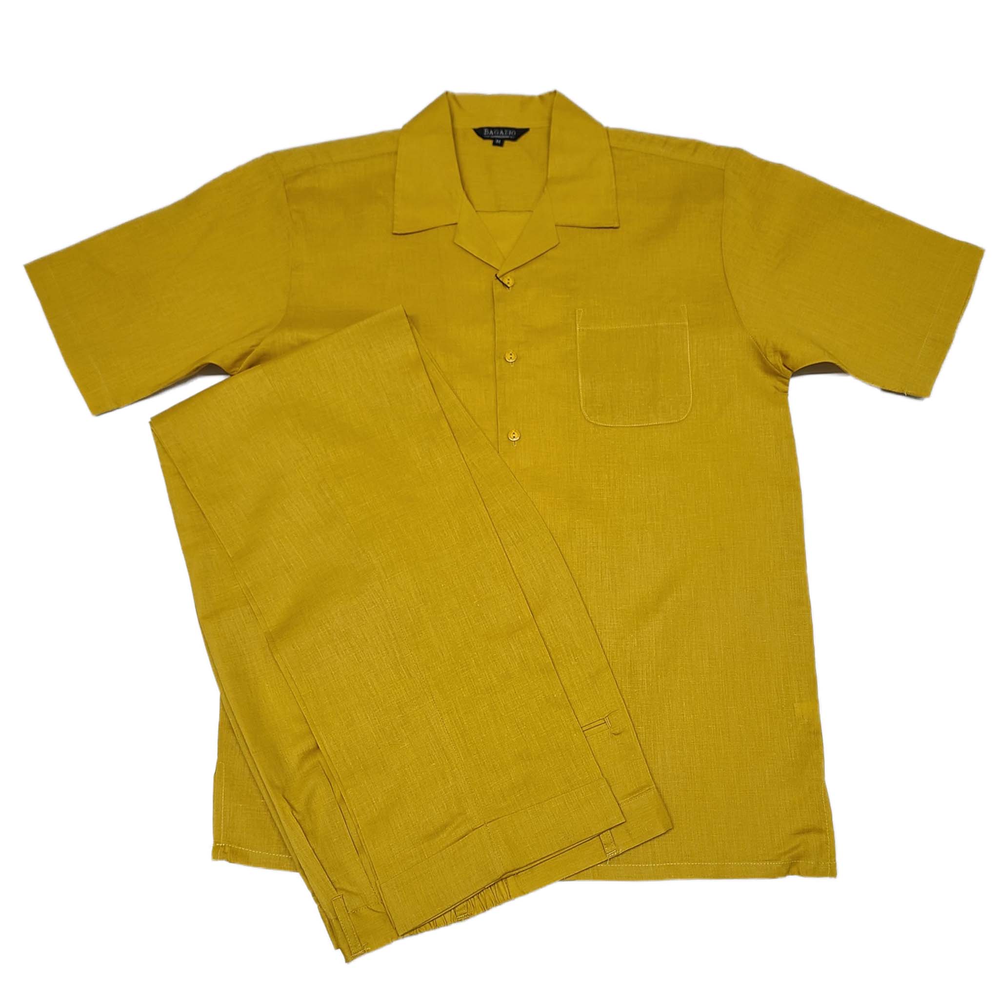 Mens Mustard Linen Shirt and Pants Casual Outfit Set