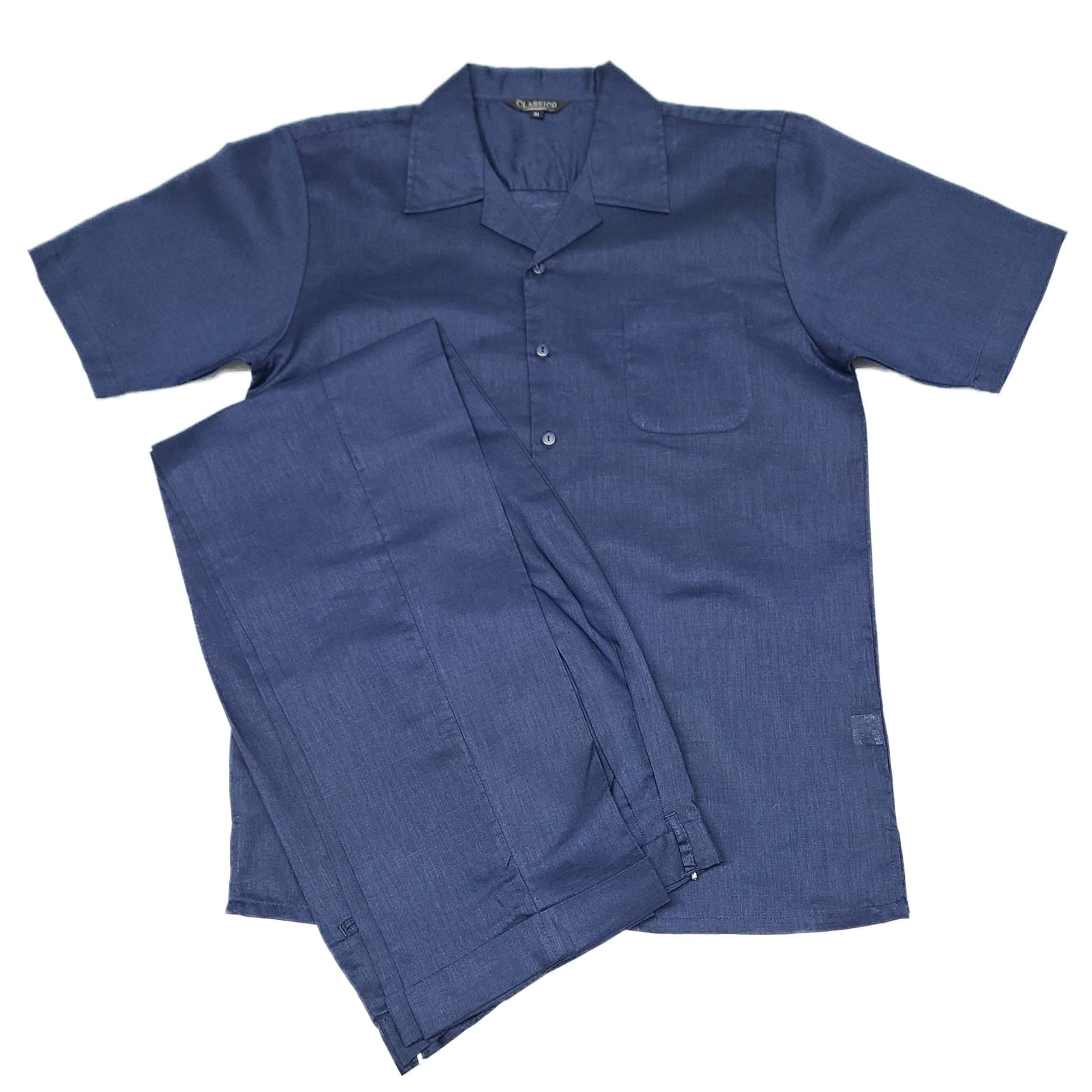 Mens Navy Linen Shirt and Pants Casual Outfit Set - Small