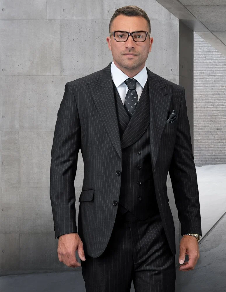 Mens Gangster Pinstripe 2 Button Double Breasted Vest Grey Suit - 38 Regular