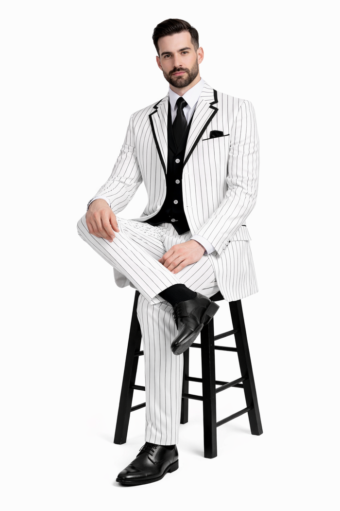 Cheap Priced Suit  - Mens 3 Button Vested Barbershop Quartet Suin In White With Black Turquoise Pinstripes