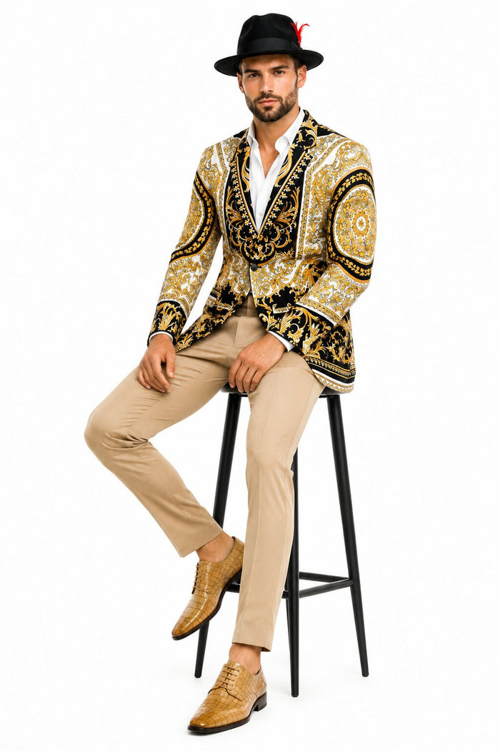 Mens Black and Gold Baroque Blazer with Matching Pants, Hat, and Shoes - Luxury Party and Wedding Outfit Set