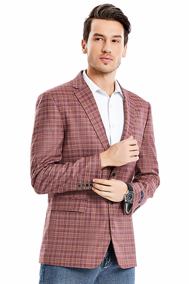 "Men's Regular Fit Windowpane Plaid Sport Coat Blazer - Two Button in Mauve"