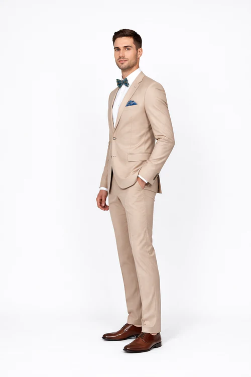 Beige Slim Fit Suit for Men by Rossiman Rossi â€“ Tailored Skinny Fit Formal Suit - 58R
