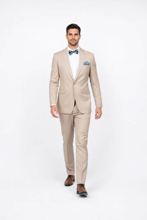 Beige Slim Fit Suit for Men by Rossiman Rossi â€“ Tailored Skinny Fit Formal Suit - 58R