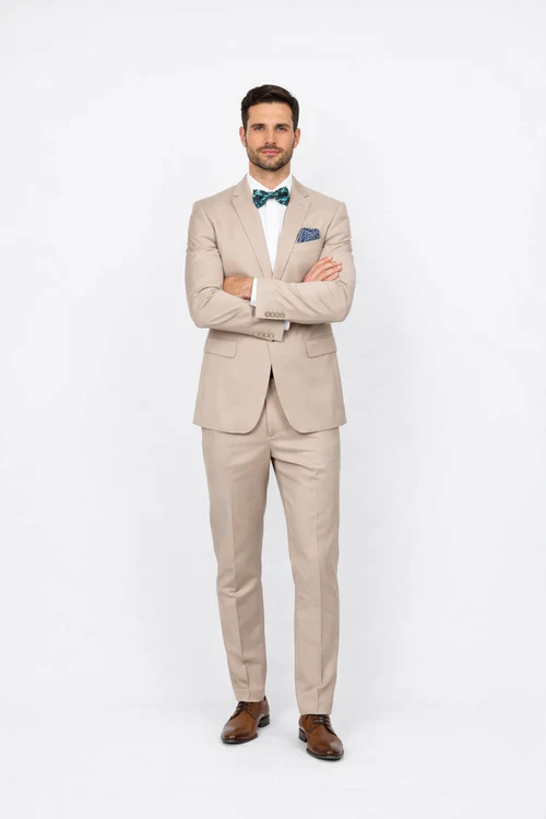 Beige Slim Fit Suit for Men by Rossiman Rossi â€“ Tailored Skinny Fit Formal Suit - 58R
