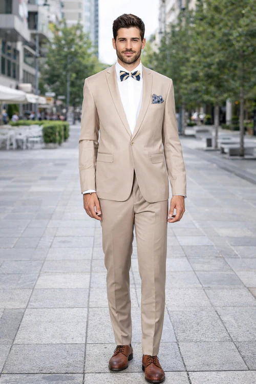 Beige Slim Fit Suit for Men by Rossiman Rossi â€“ Tailored Skinny Fit Formal Suit - 58R