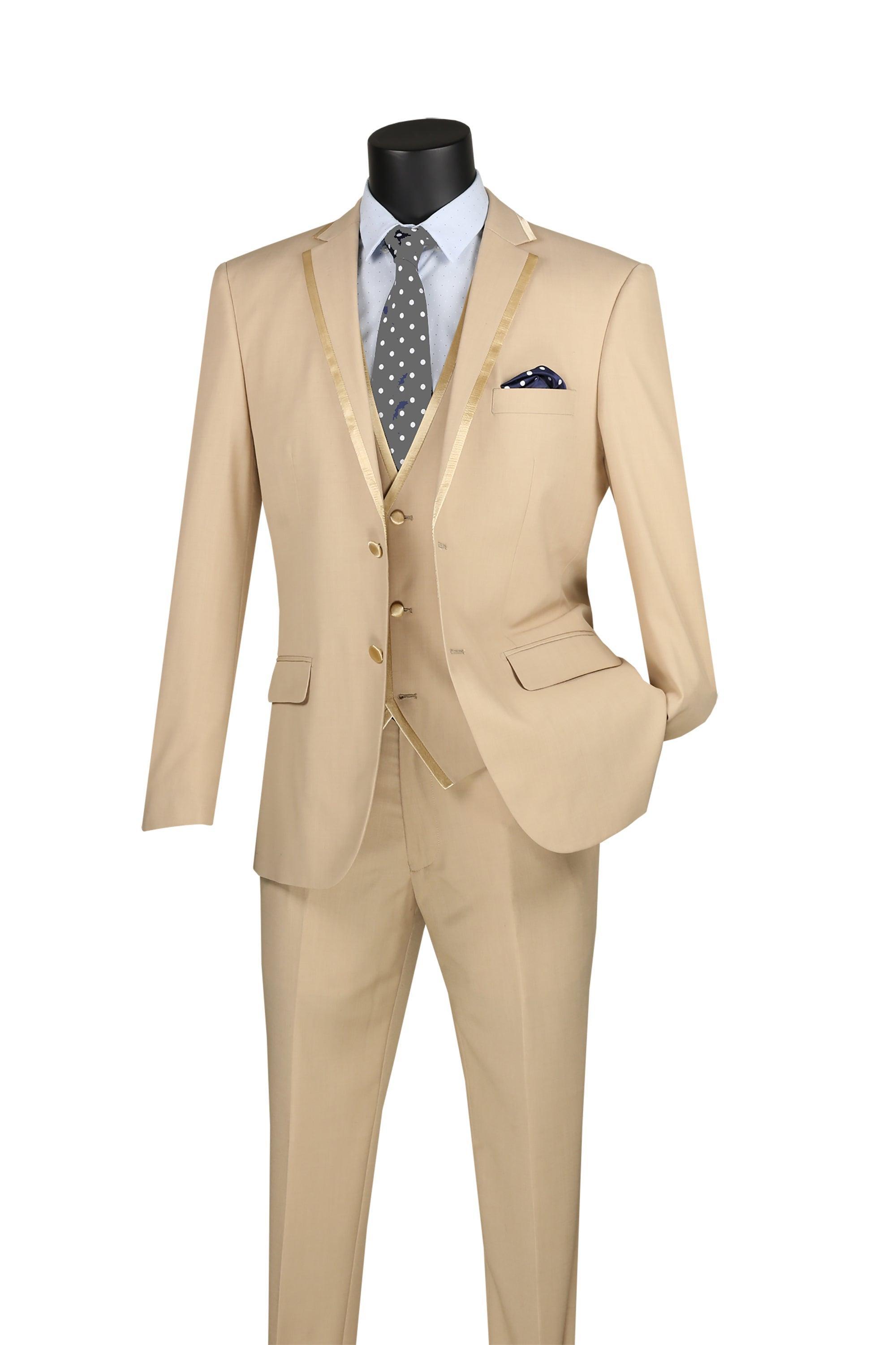 Beige Trimmed Lapel Slim Fit 3 Piece Suit - 36 Short  - 30 Waist