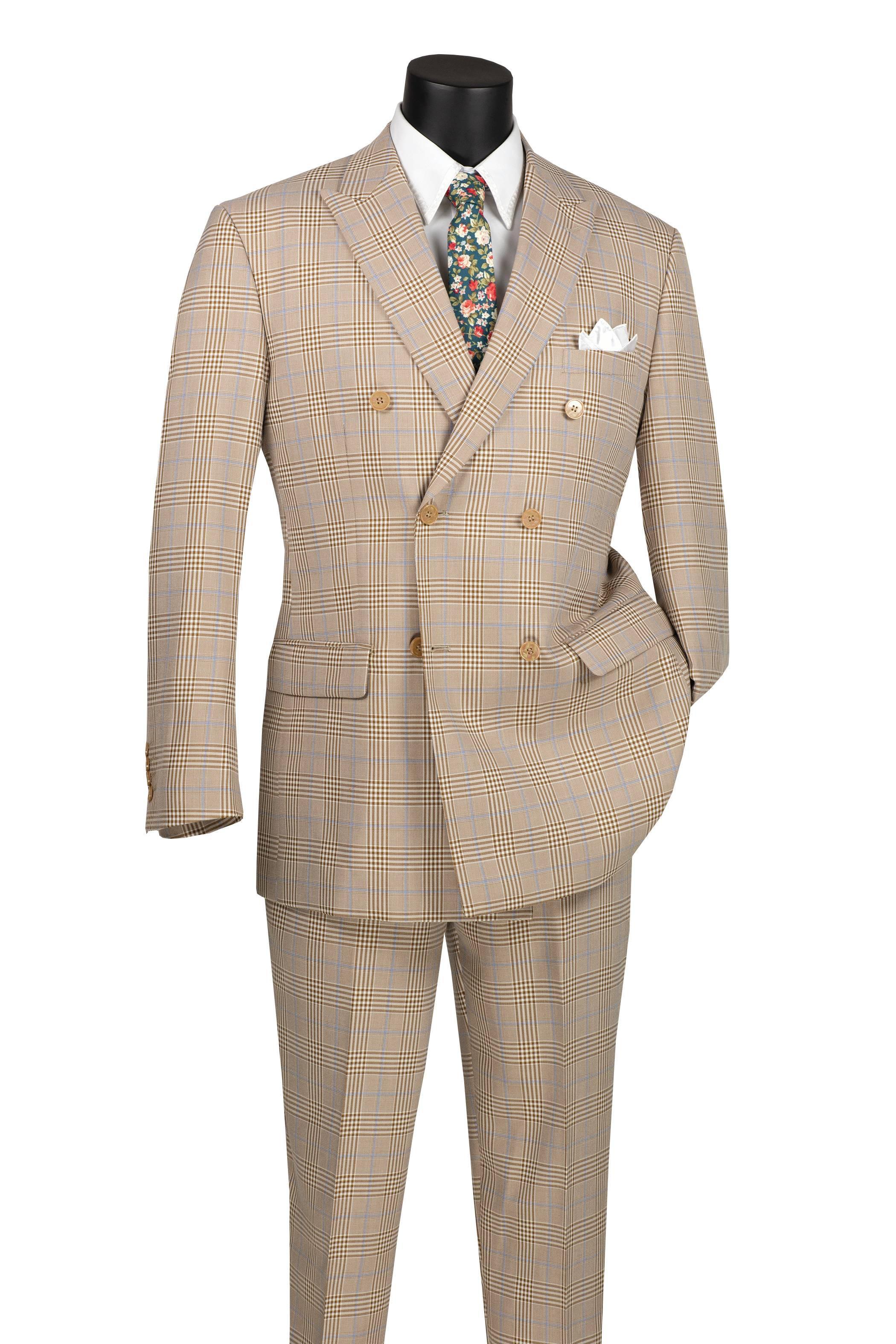 Beige Windowpane Double Breasted Suit - 38 Short  - 32 Waist