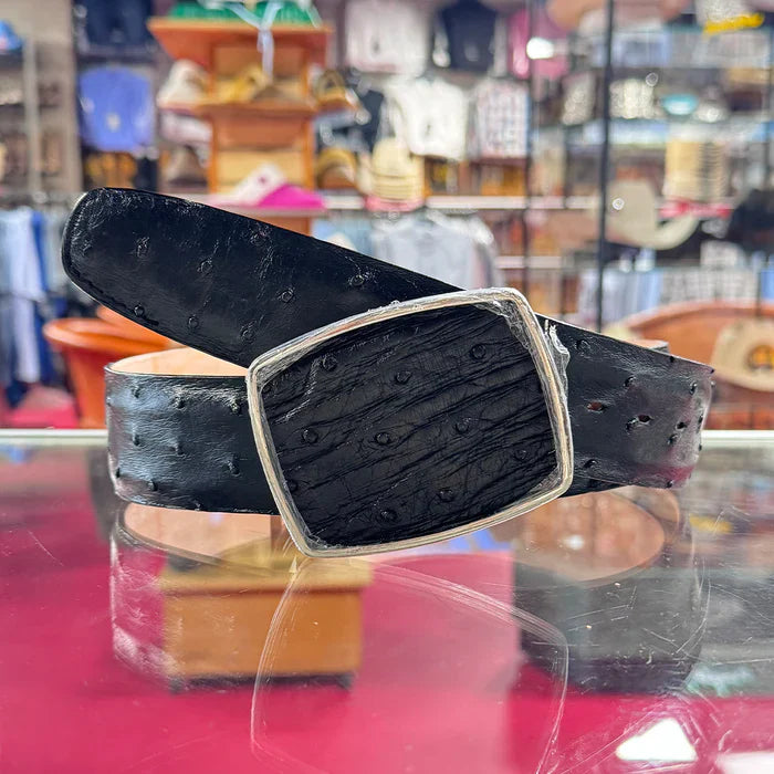 Black Ostrich Belt With Stylish Square Buckle - One size