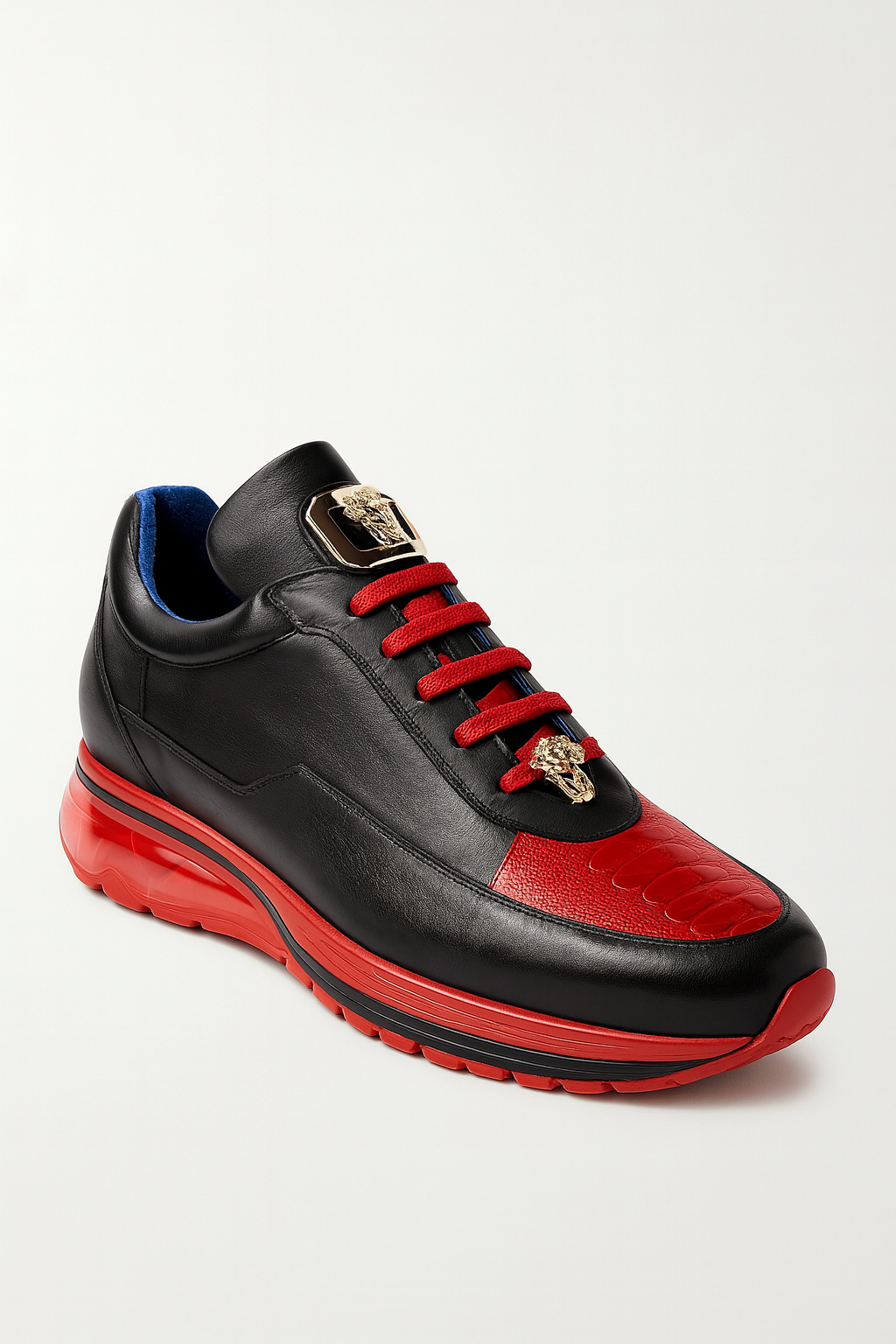 Belvedere  Flash Men's Shoes Black & Red Exotic Ostrich / Calf-skin Leather Casual Sneakers - 6