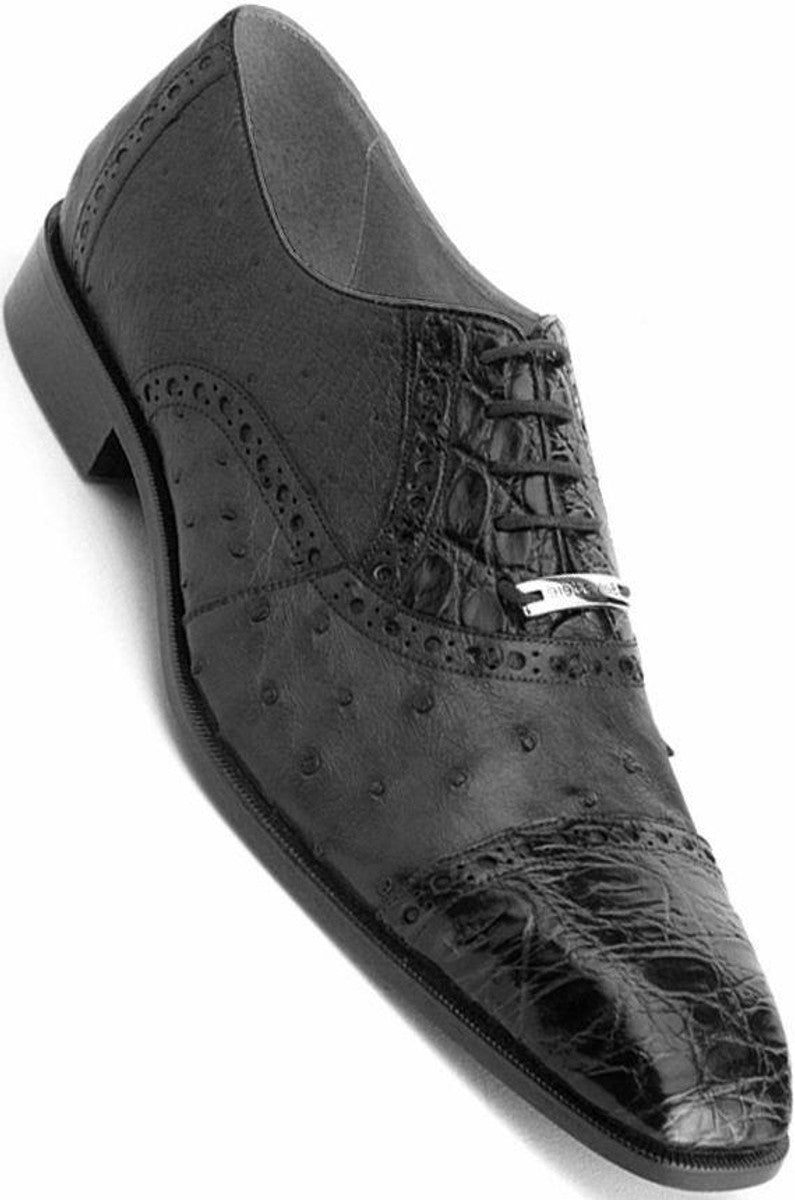 Belvedere  Men's Black   Ostrich Crocodile Shoes Cap Toe Onesto - 9 M