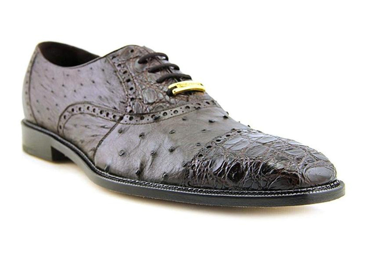 Belvedere  Men's Brown Ostrich Crocodile Shoes Cap Toe Onesto - 9 M