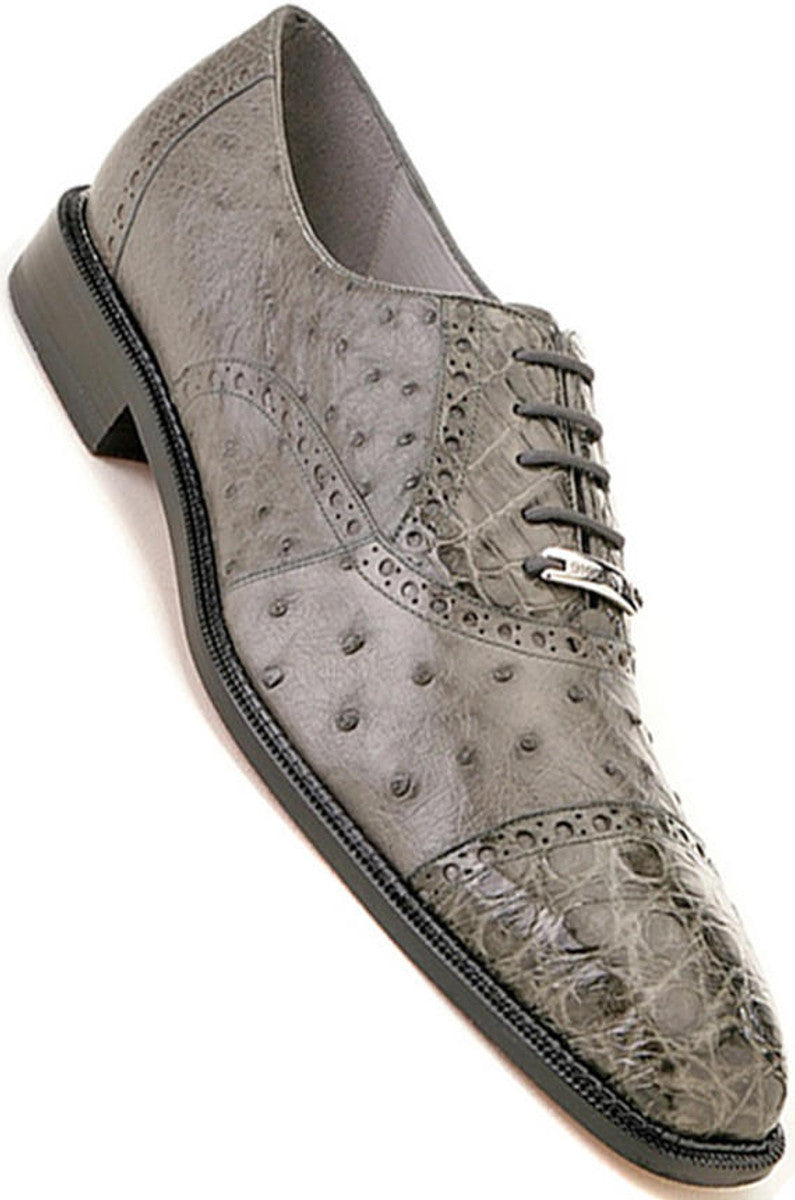 Belvedere  Men's Gray Ostrich Crocodile Shoes Cap Toe Onesto - 9 M