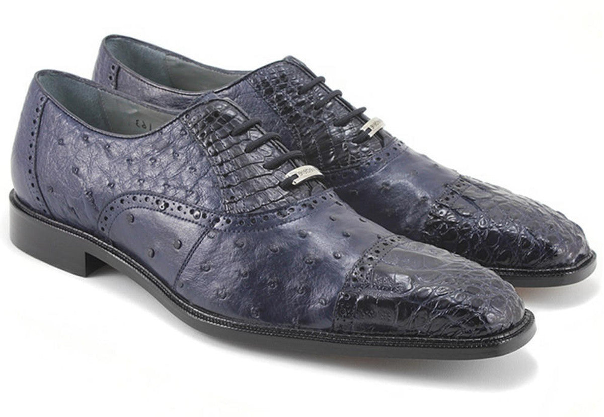 Belvedere  Men's Navy Ostrich Crocodile Shoes Cap Toe Onesto - 9 M