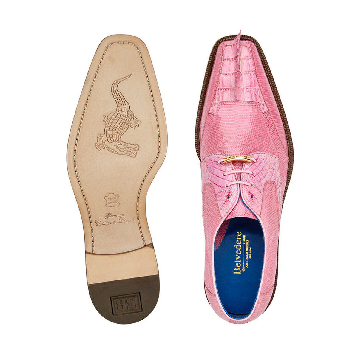 Belvedere Pink Crocodile Lizard Skin Mens Quality Shoes Italian Valter - 9 Standard / D / Medium