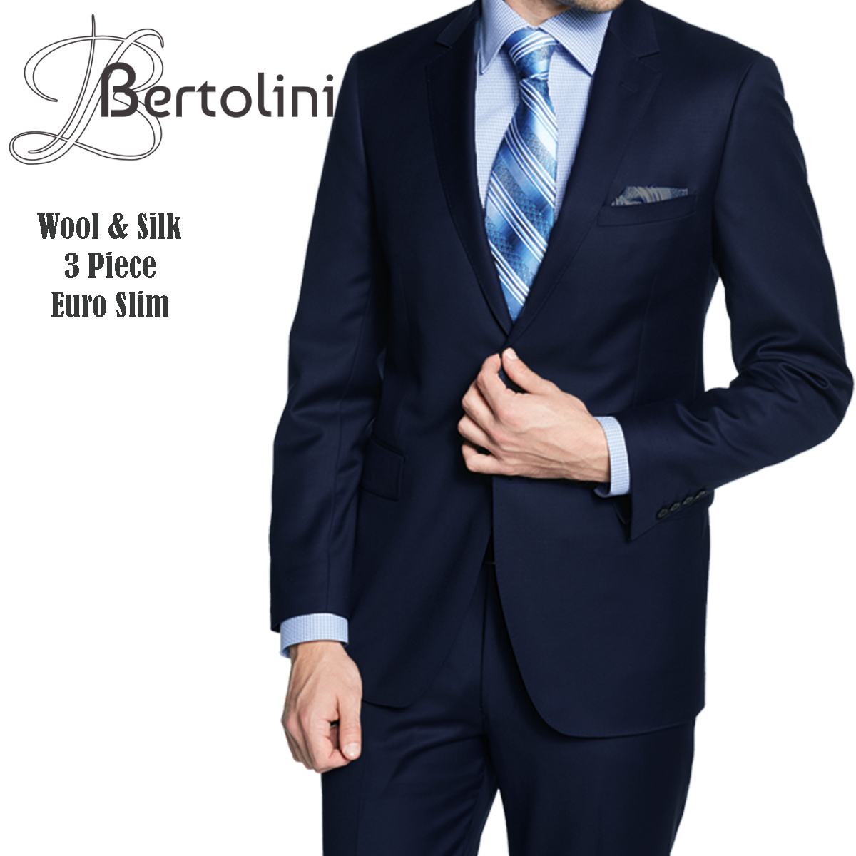 Bertolini 3 Piece Wool/Silk Solid Navy Suit - 34 Short or Extra Small