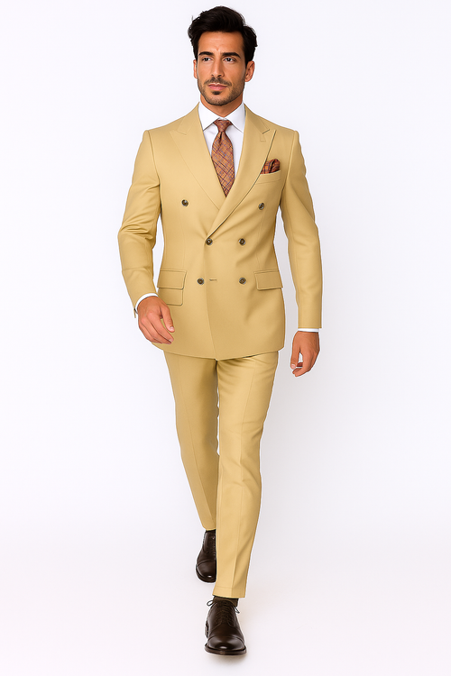 Best Mens Designer Modern Fit Double Breasted Wool Suit with Gold Buttons in Camel  - For Men  Fashion Perfect For Wedding or Prom 2026 or Business  or Church - New Arrival