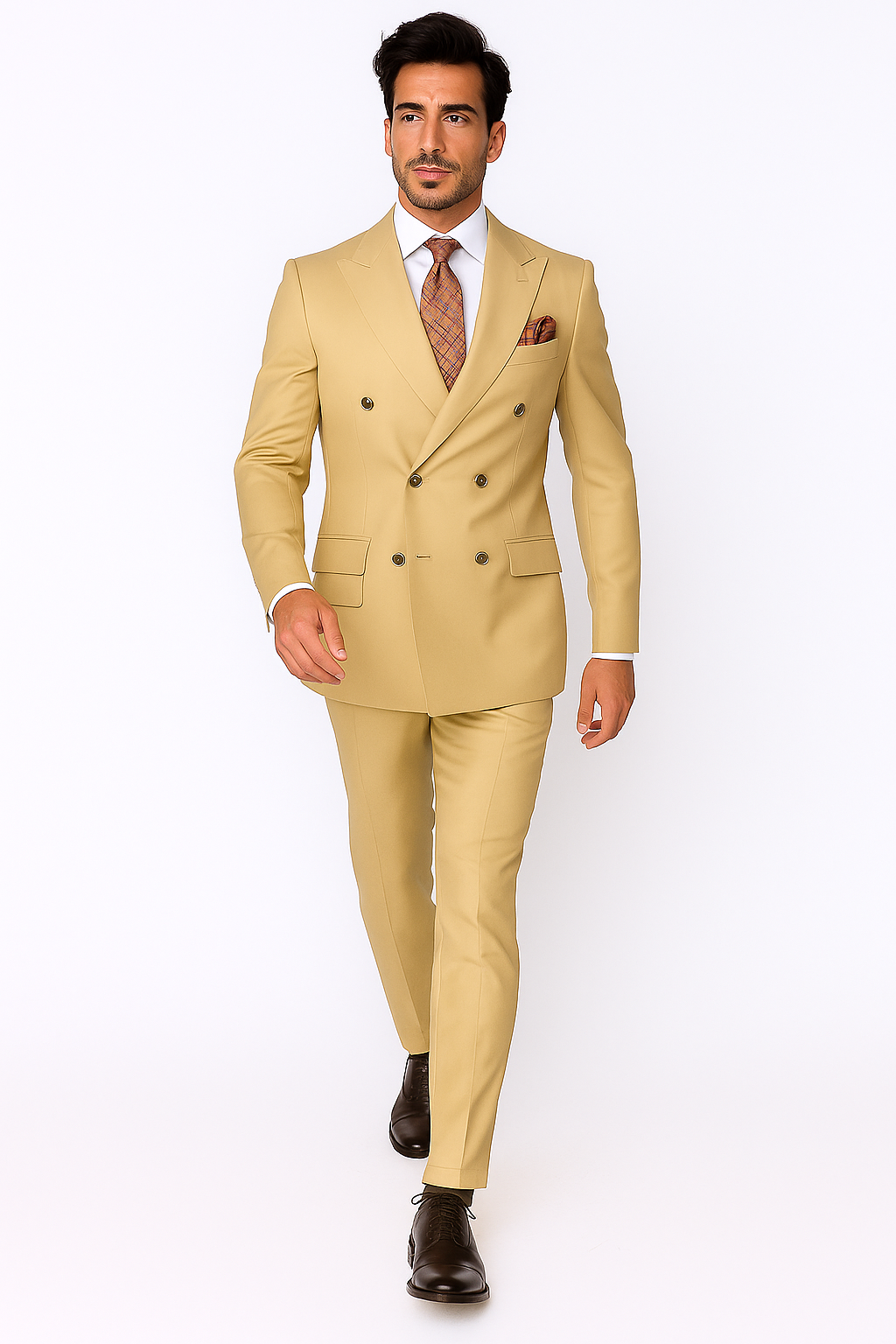 Best Mens Designer Modern Fit Double Breasted Wool Suit with Gold Buttons in Camel  - For Men  Fashion Perfect For Wedding or Prom 2026 or Business  or Church - New Arrival