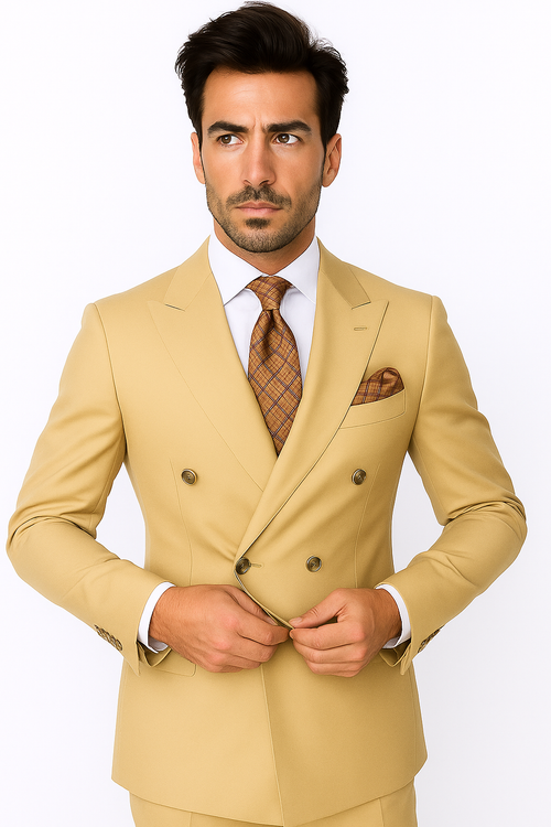 Best Mens Designer Modern Fit Double Breasted Wool Suit with Gold Buttons in Camel  - For Men  Fashion Perfect For Wedding or Prom 2026 or Business  or Church - New Arrival