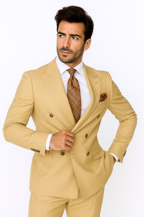 Best Mens Designer Modern Fit Double Breasted Wool Suit with Gold Buttons in Camel  - For Men  Fashion Perfect For Wedding or Prom 2026 or Business  or Church - New Arrival